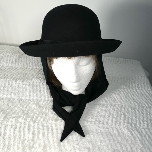 Vintage Wool Felt Black Bowler Hat With Ties NWOT - Picture 3 of 7
